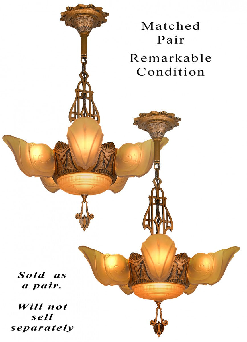 Pair of Top-of-the-Line Art Deco 6-Shade Chandeliers by Markel