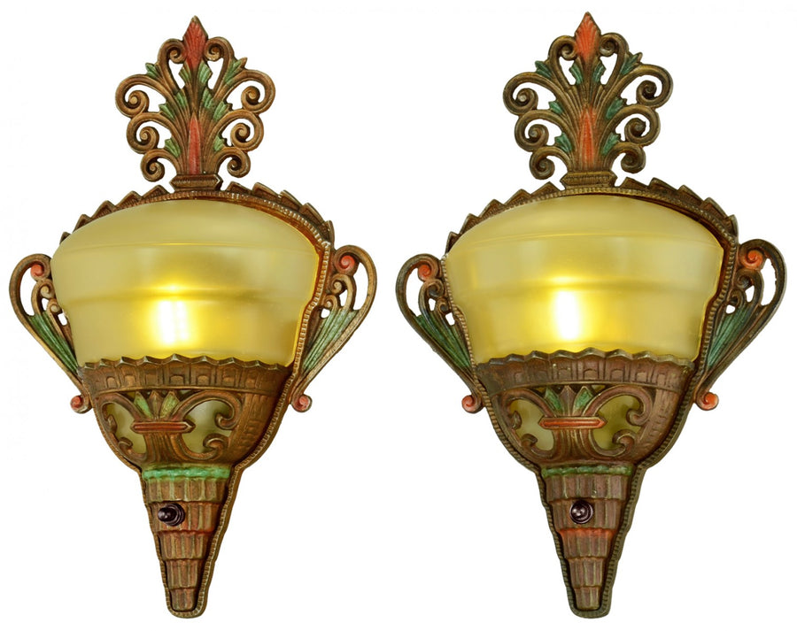 Unusual Pair of Art Deco Polychrome Wall Sconces with Amber Slip Shades