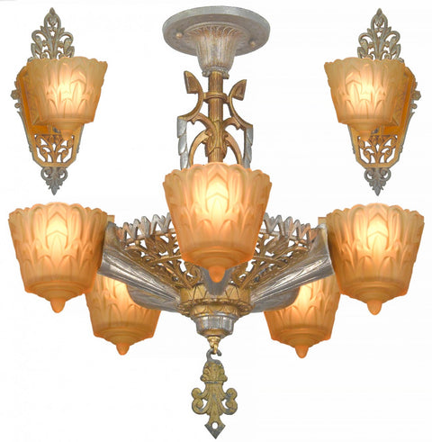Set Art Deco Slip Shade Chandelier and Matching Sconces by Lincoln Mnf.