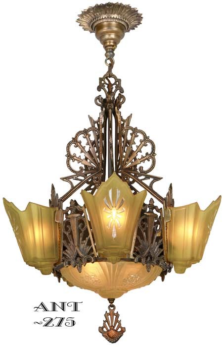 Antique Restored Red-Bronzed Finished Art Deco Slip Shade Chandelier