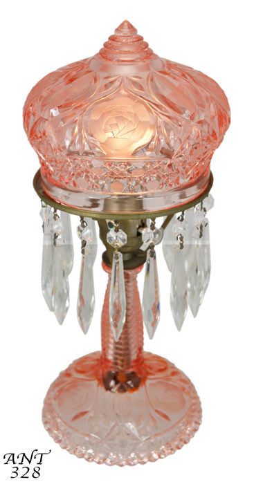 1920's Press-Cut Glass Small Pink Tinted Bedroom Lamp