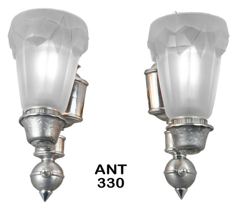 American Art Deco Sconces with Heavy Cast Glass French Shades