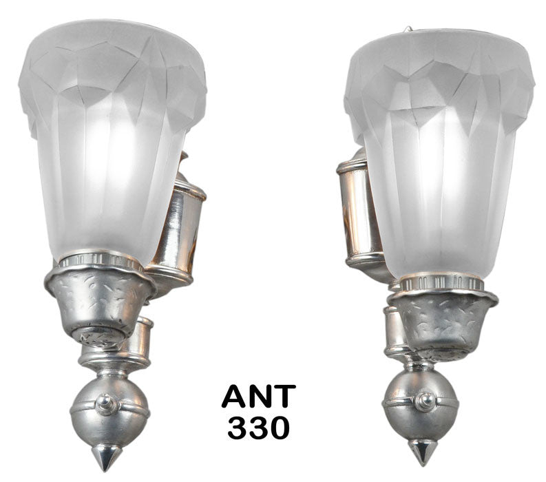 American Art Deco Sconces with Heavy Cast Glass French Shades