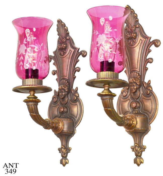 Late Victorian/Edwardian Pair of Ruby shade sconces