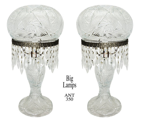 Outstanding Pair of LARGE Antique Fancy Decorative Cut Glass Table Lamps