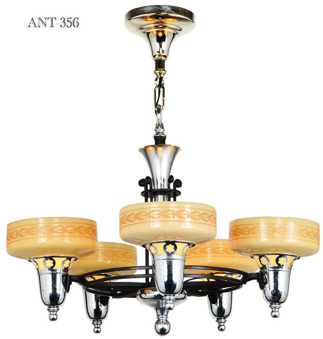 Late Streamline Art Deco Five Light Chandelier with Custard Shades