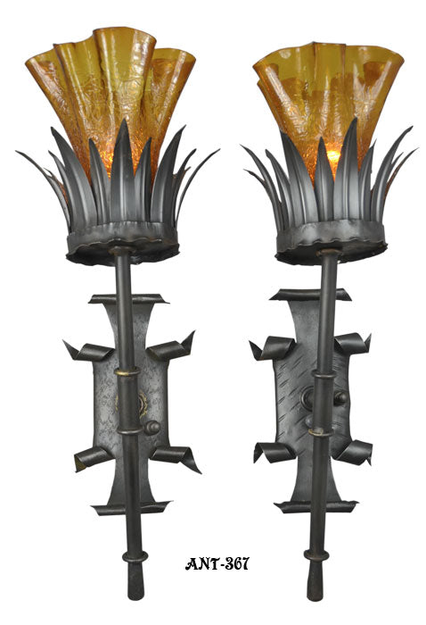 Antique Pair of Gothic Style Wall Sconce Lights c1920-30