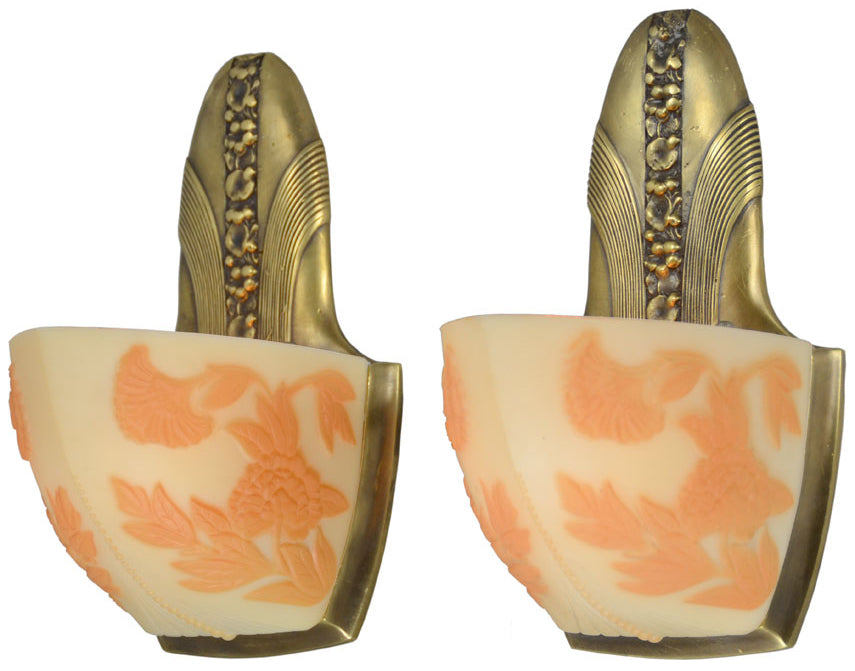 Art Deco Wall Sconces with Cameo Slip Shades Scarce Pair Moe Bridges