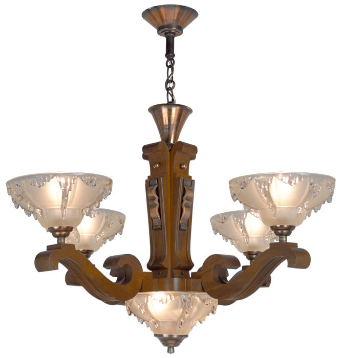 Art Deco French Ezan Style Icicle Chandelier with 4 Arm Wooden Body