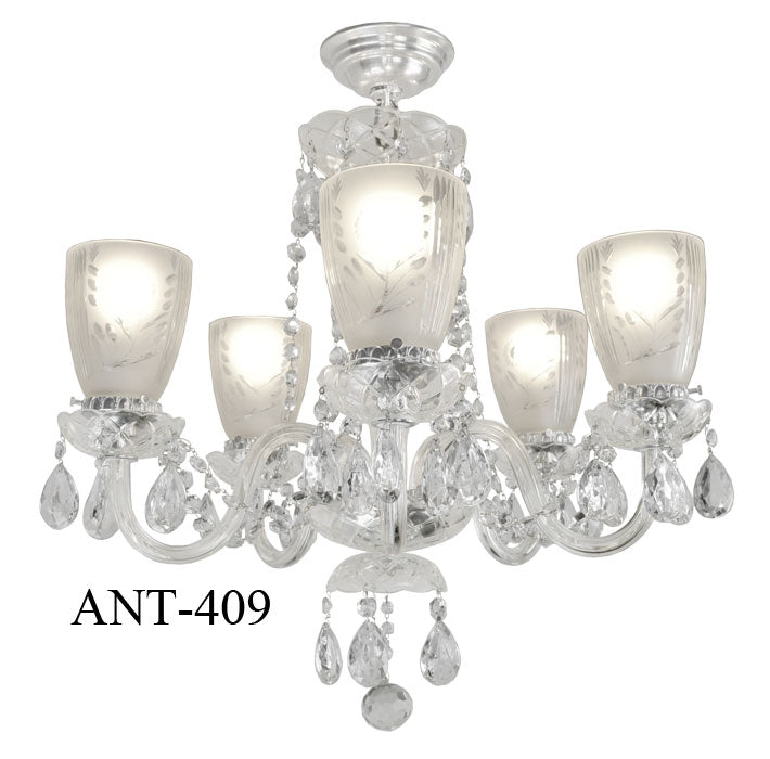 Antique Crystal Glass 5 Light Chandelier