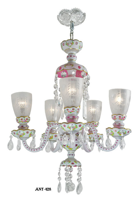 Antique Bohemian Glass 5 Arm Chandelier Circa 1920 - 1930 White Pink