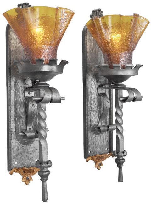 Pair of Gothic or Medieval Iron Sconces with Crackle Glass Shades