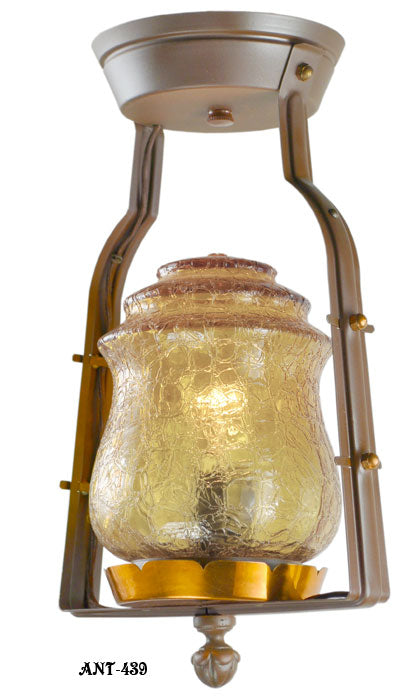 Arts and Crafts Crackle Glass Hall Pendant Light Fixture 1920 - 1940