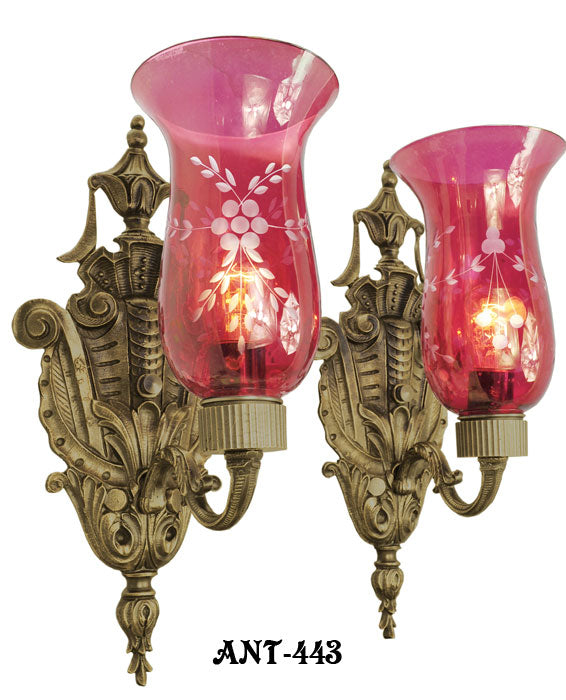 Rococo Style 1920s Wall Sconces Cranberry Glass Shades Ornate Lights