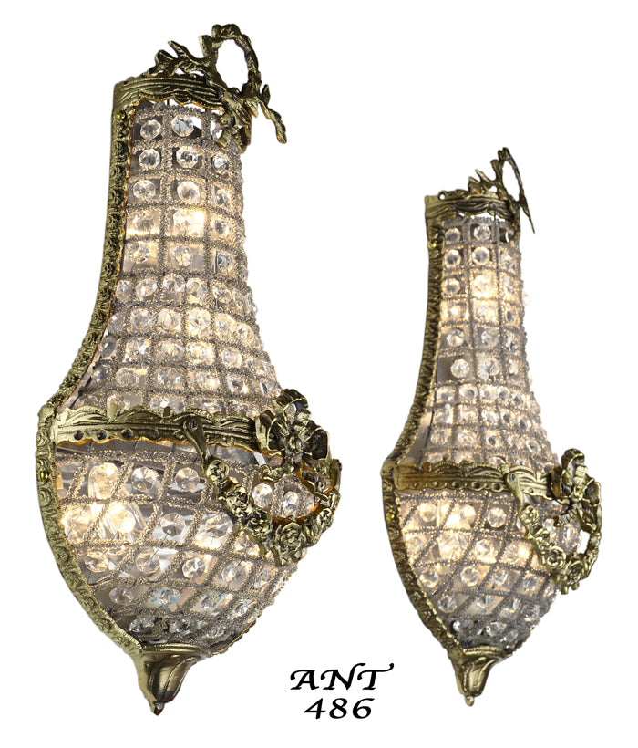 Antique French Basket Style Crystal Wall Sconce Lights - Pair
