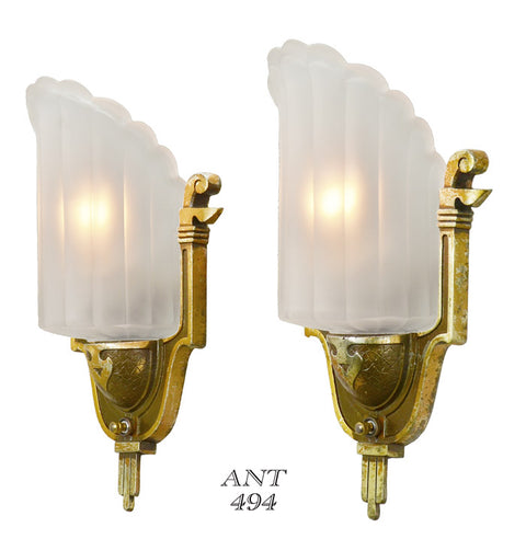 Antique Art Deco Wall Sconces by Mid-West Circa 1935 Slip Shade Lights