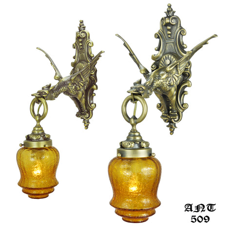 Gothic Victorian Style Antique Brass and Bronze Pair of Mythical Dragon Sconces