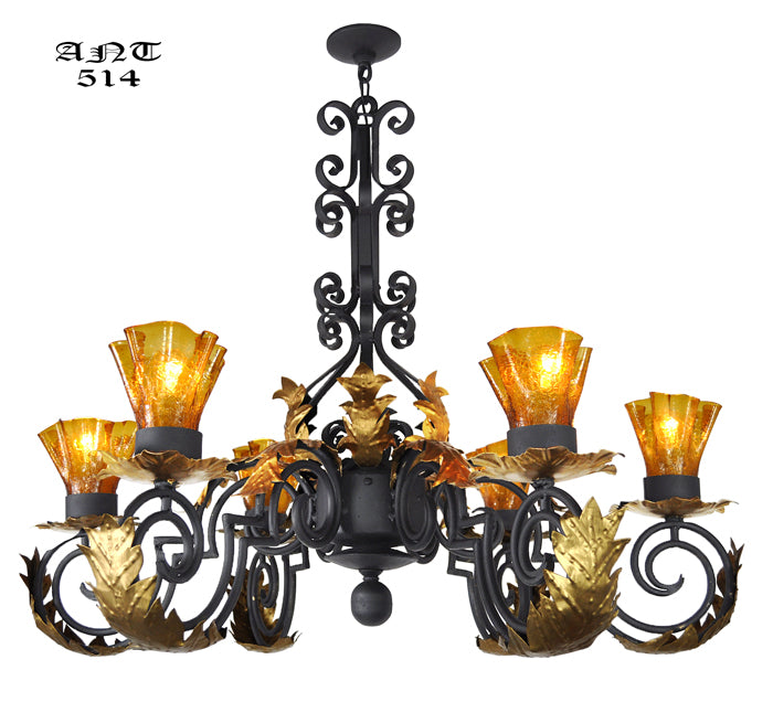 Gothic Style Antique 6 Arm Black Iron Steel Chandelier w/ Gold Detail