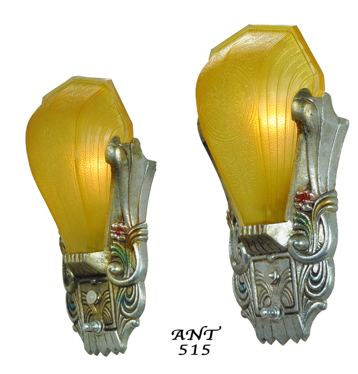Art Deco Antique Polychrome Wall Sconces Amber Slip Shades by Riddle