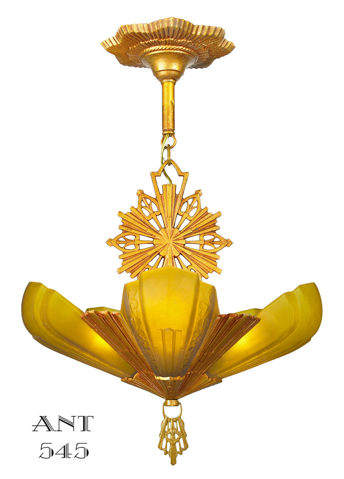 Art Deco Amber Slip Shade 1930s Old Gold Color Chandelier by Virden