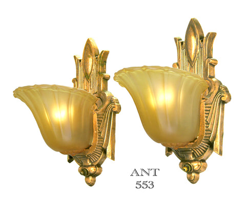 Art Deco Antique Slip Shade Wall Sconces Old Gold Finish Lights 1930s