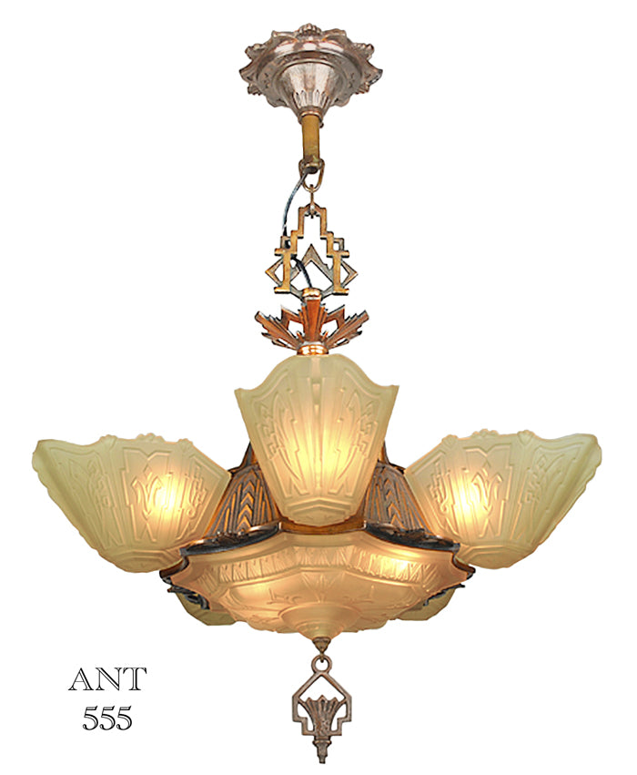 Art Deco Antique 1930s Chandelier with Slip Shades by Markel Lighting