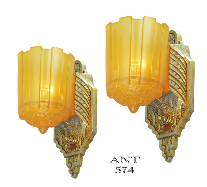 Art Deco Pair of Original Sconces Slip Shade Wall Lights by Lincoln