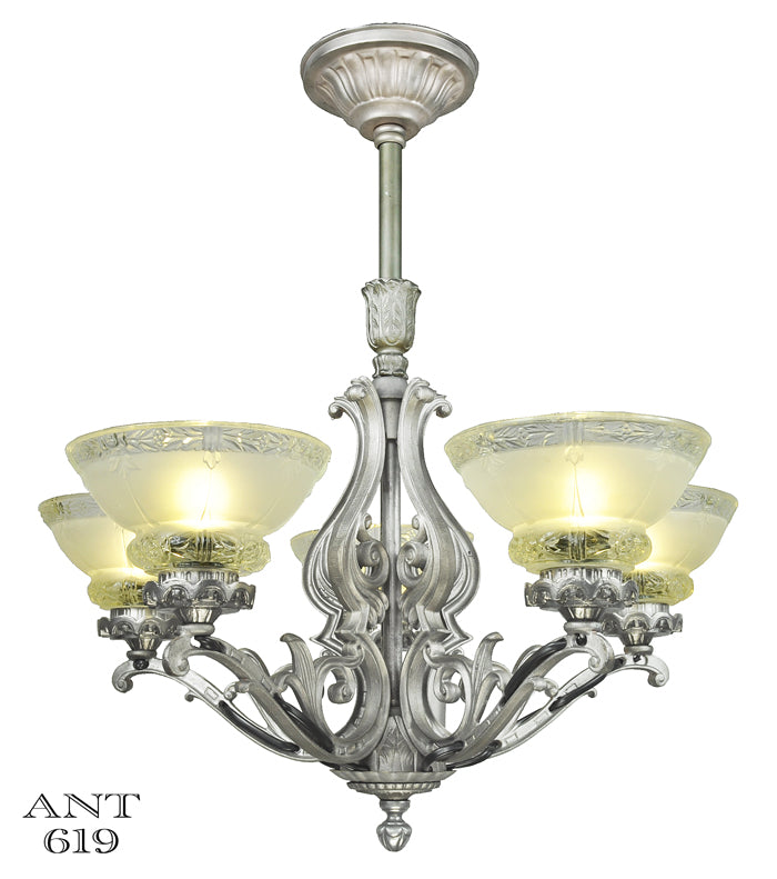 Art Deco Antique Chandelier 5 Light Ceiling Fixture Pewter Original