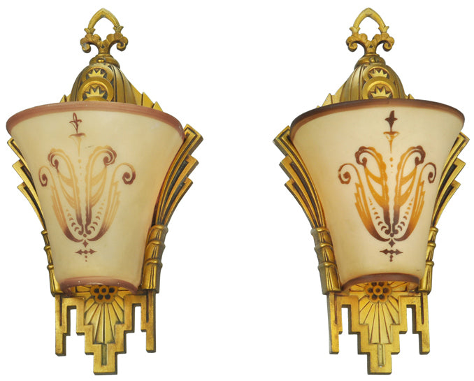 Art Deco Wall Sconces Pair Slip Shade Lights Circa 1930 by Williamson