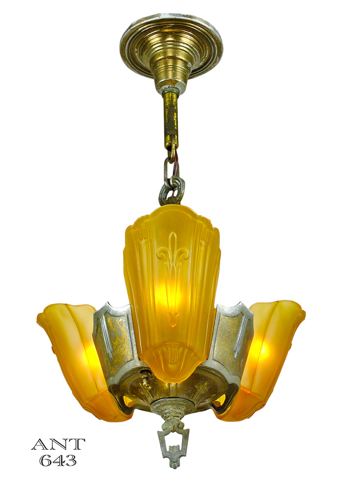 Art Deco Lincoln 3 Light Chandelier 1935 Slip Shade Ceiling Fixture
