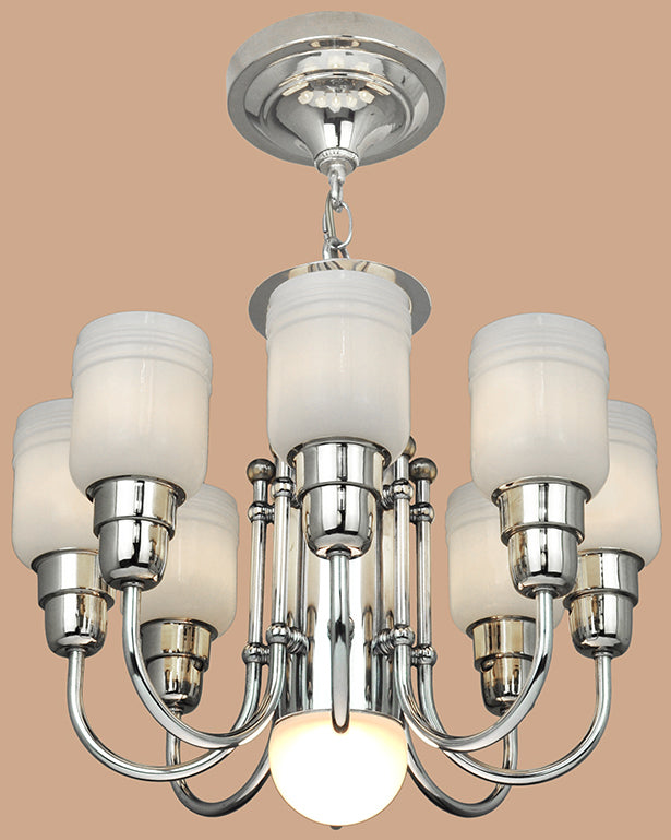 Streamline or MidCentury Modern Chandelier Nickel 8 Arm Ceiling Light