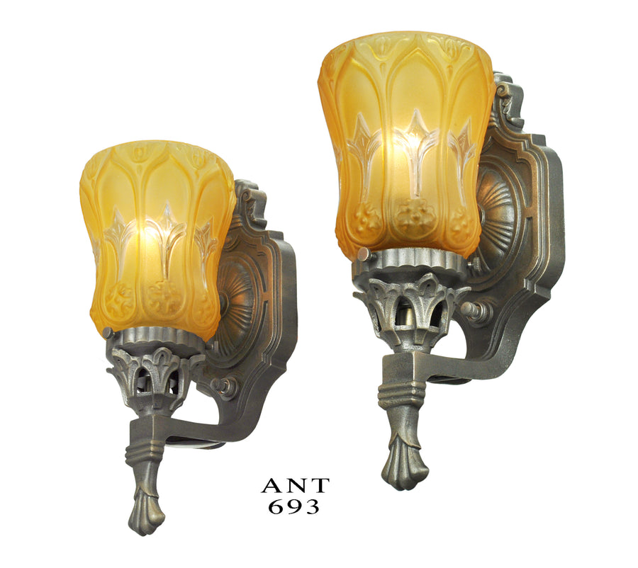 Antique Wall Sconces Pair of Edwardian Style Lights with Amber Shades