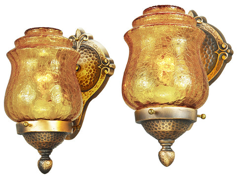 Arts & Crafts Style Wall Sconces Pair Bronze and Crackle Glass Lights