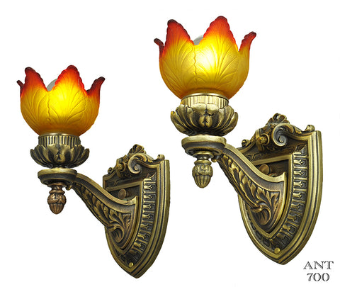 Pair of Edwardian Style Wall Sconces Brass & Bronze Lights Fixtures