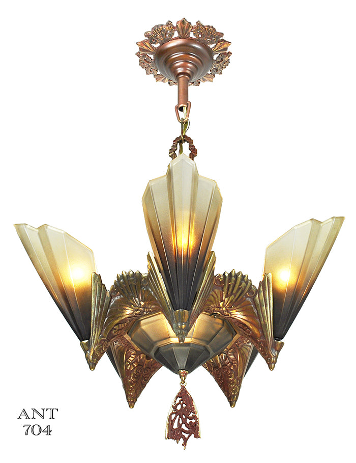 Antique Art Deco Bronze Chandelier Mid West Slip Shade Ceiling Light