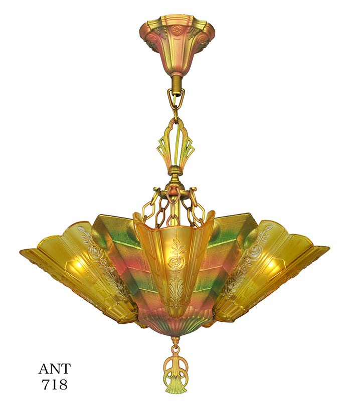 Art Deco Slip Shade Chandelier 1930s Polychrome 5 Light by Frankelite