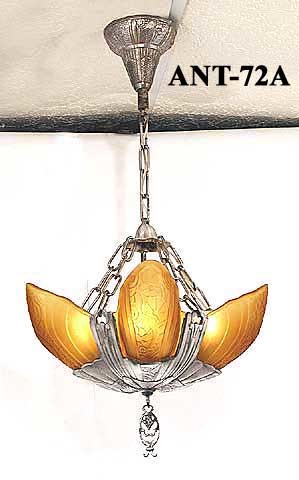 Original Lincoln Fleurette Slip Shade Chandelier Amber Shades