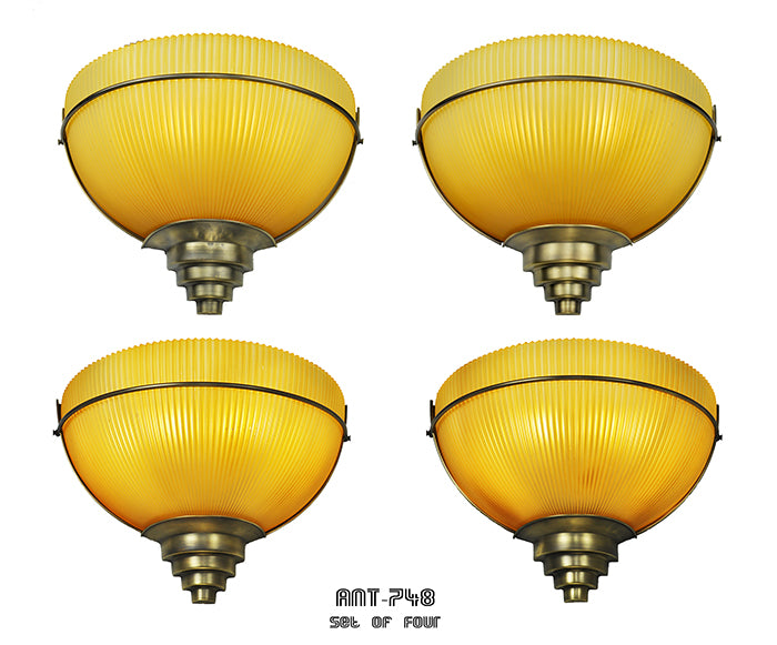 Set of 4 Vintage Wall Sconces Amber Holophane Style Slip Shade Lights
