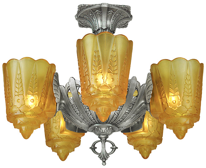 Art Deco Antique Chandelier Two in One Slip Shade Light by Lincoln