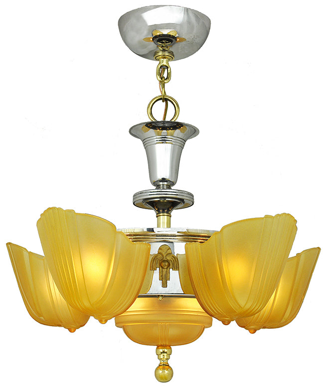 Antique 1930s Streamline Chandelier Art Deco Slip Shade Ceiling Light