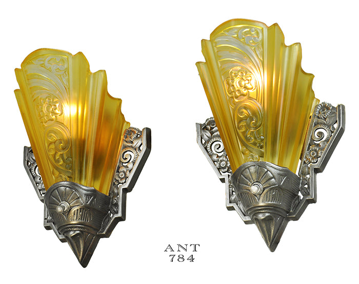 Art Deco Americana Wall Sconces Pair of Antique Slip Shade Lights
