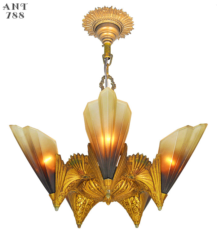 Antique Mid West Mnf Art Deco Chandelier 5 Slip Shade Ceiling Light