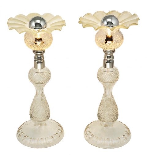 Pair Antique Table Lamps English Cut Crystal Lighting Accent Lights