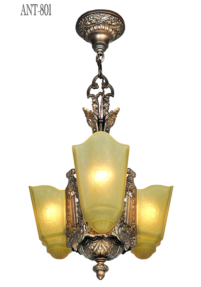 Art Deco Chandelier 3 Slip Shade Antique Ceiling Light by Moe Bridges