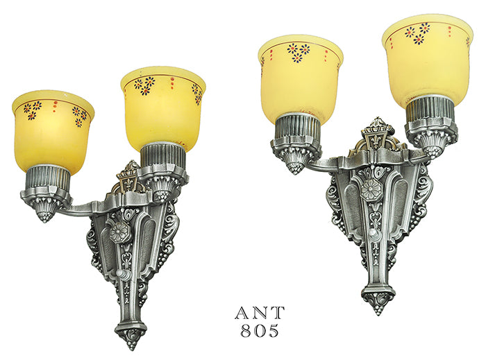 Art Deco or Edwardian Pair Antique Double Arm Wall Sconces by Riddle