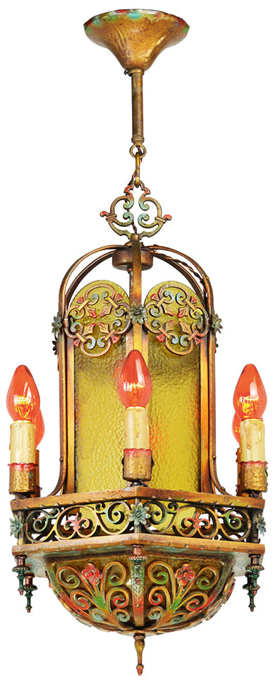 Antique 1920s Chandelier Polychrome Candle Type Ceiling Light Fixture