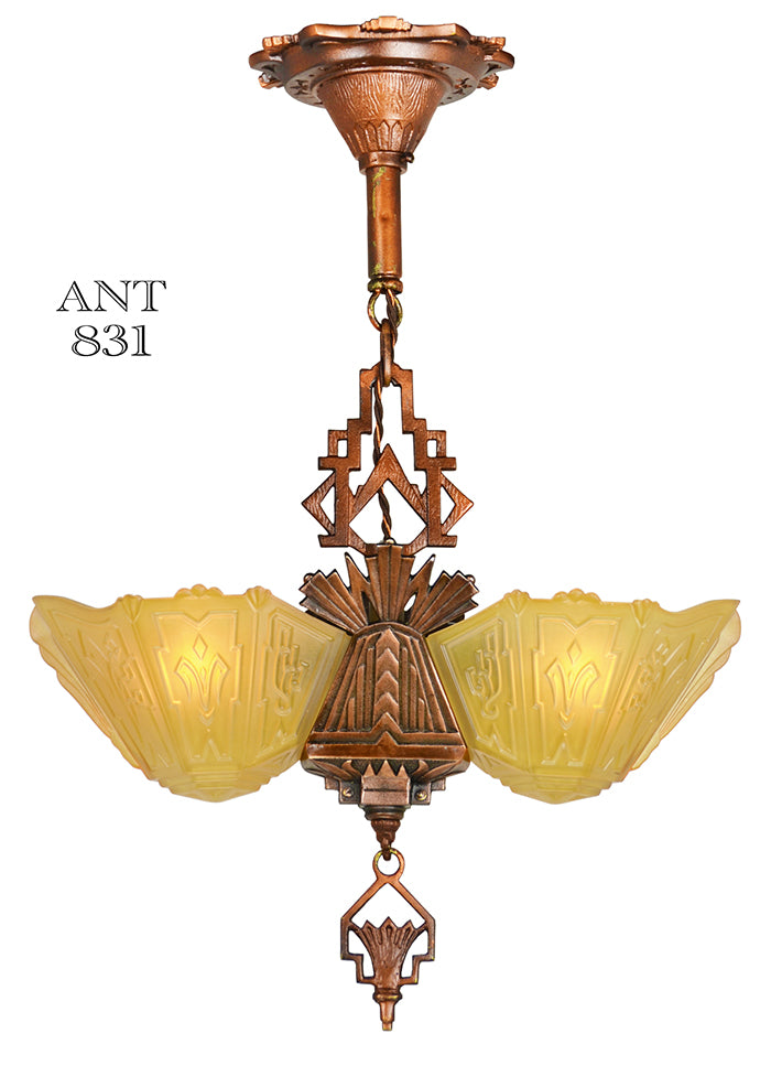 Art Deco 2 Light Slip Shade Antique Pendant Ceiling Fixture by Markel