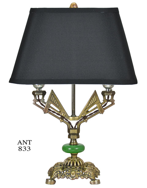 Art Deco Antique Brass Plated Table Lamp with Green Glass Decor 1920s