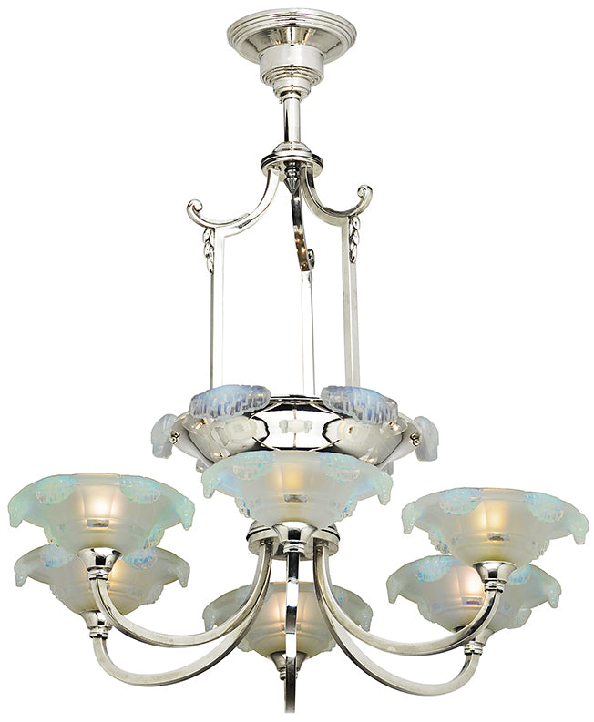 Antique French Art Deco Chandelier 6 Arm Frozen Icicle Ceiling Light