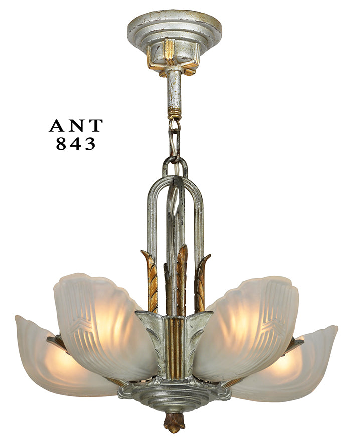Art Deco Streamline Antique Chandelier 5 Light Slip Shade Lighting